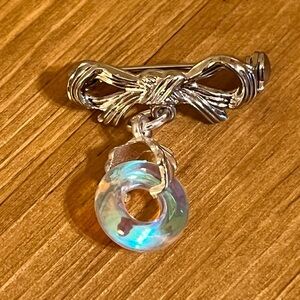 Vintage Silver Bow Brooch with Iridescent Donut Charm dangles 1”